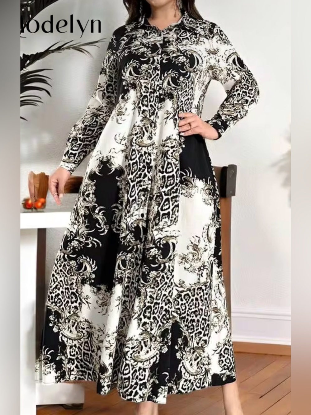SHEIN Black and Cream Baroque-Print Pleated Tunic Dress